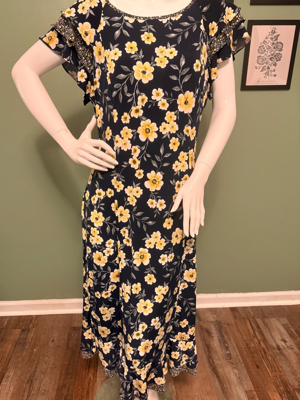 Perceptions Black Maxi Dress with Yellow Floral Print EUC